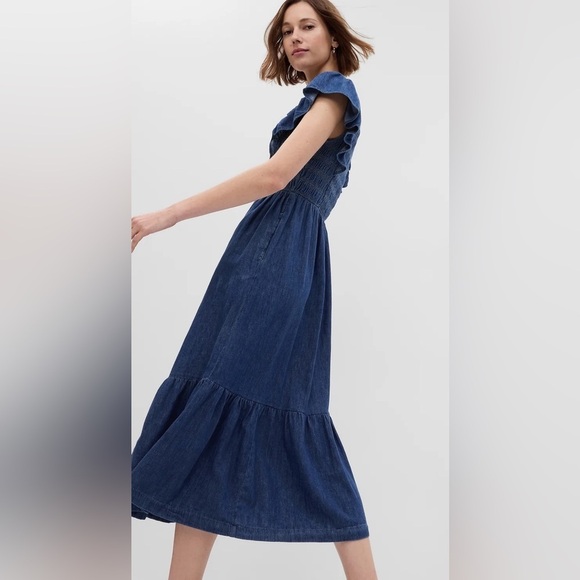 GAP Dresses & Skirts - Gap Organic Cotton Denim Ruffled flutter Smocked Midi Tiered Dress Size Small